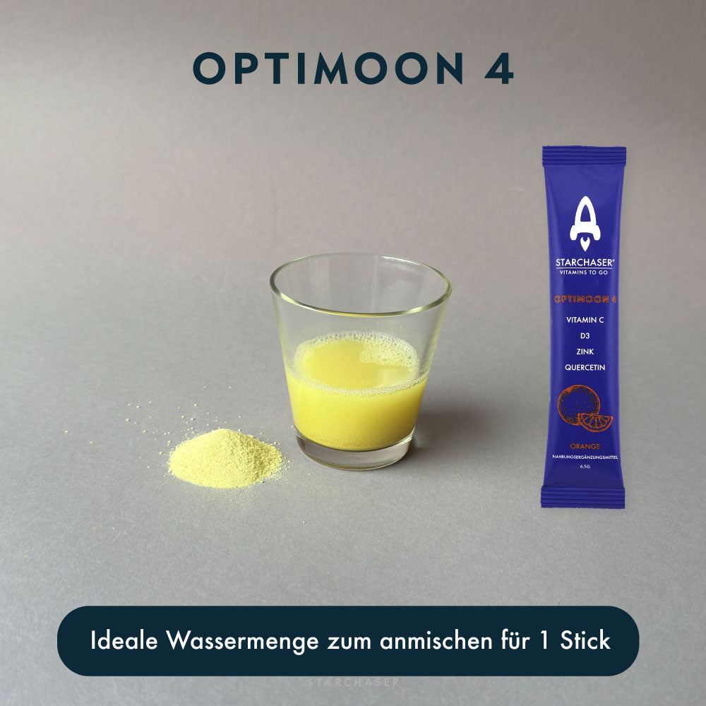 OPTIMOON 4 im Glas mit Ansicht des Pulvers | Vitamin C, D3 aus Algen, Zink, Quercetin